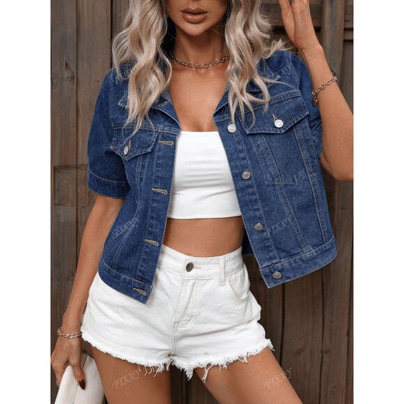 Boho Western Single-Breasted Short Sleeve Fitted Denim Jacket - Picture 4 of 6